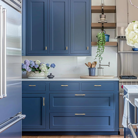 Brushed Brass Cabinet Handles 10 Pack 3 Inch Hole Centers Zinc Gold Drawer Pulls for cupboard and dresser on navy cabinets