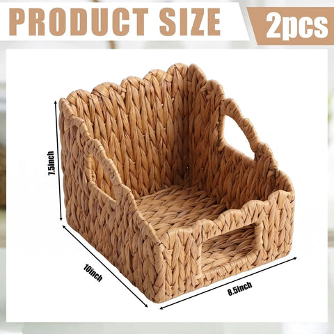 Set Of 2 Scalloped Wicker Storage Baskets With Handles For Food Organization Woven Rattan Water Hyacinth Snack Bins