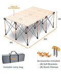 Centipede Portable Folding Workbench For Garage With 4500 Lb Capacity, 48 Inch By 72 Inch Sawhorse Style Work Support, includes carry bag and clamps.
