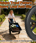 Woman pushing wheelbarrow with 20 Inch Flat Free Wheelbarrow Wheels 2 Pack With Preinstalled Five Eighth Inch Bearings And Three Quarter Inch Adapters Replacement Cart Tires For Rubbermaid And Garden Carts Built Tough Easy Install And Durable Performance on garden path.