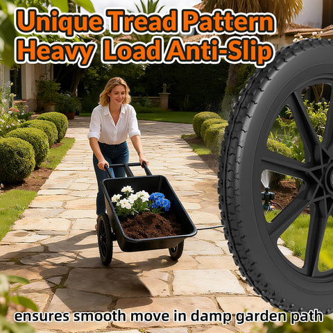 Woman pushing wheelbarrow with 20 Inch Flat Free Wheelbarrow Wheels 2 Pack With Preinstalled Five Eighth Inch Bearings And Three Quarter Inch Adapters Replacement Cart Tires For Rubbermaid And Garden Carts Built Tough Easy Install And Durable Performance on garden path.