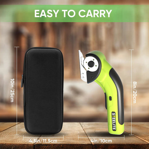 Built Different Cordless Electric Scissors With Brushless Motor And Fast Type C Charging For Heavy Duty Cardboard Box Cutting And Smooth Fabric Trimming Featuring Rock Solid Sk5 Blades next to a carrying case.