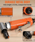 Right Angle Mini Air Die Grinder Kit, 90 Degree Pneumatic Sander, 20,000 RPM, Comes With 1/4 Inch And 1/8 Inch Collets, shown in orange with metal body displaying features like durable bearing and intake filter.