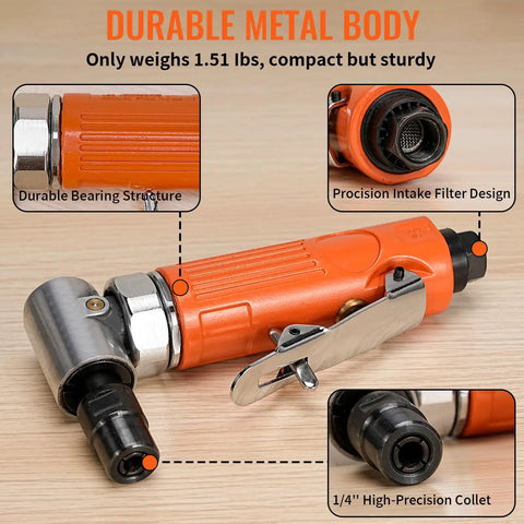 Right Angle Mini Air Die Grinder Kit, 90 Degree Pneumatic Sander, 20,000 RPM, Comes With 1/4 Inch And 1/8 Inch Collets, shown in orange with metal body displaying features like durable bearing and intake filter.