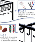 Close-up of All In One Sports Gear Organizer Cart with elastic straps and removable basket, hooks for rackets and gear storage, black.