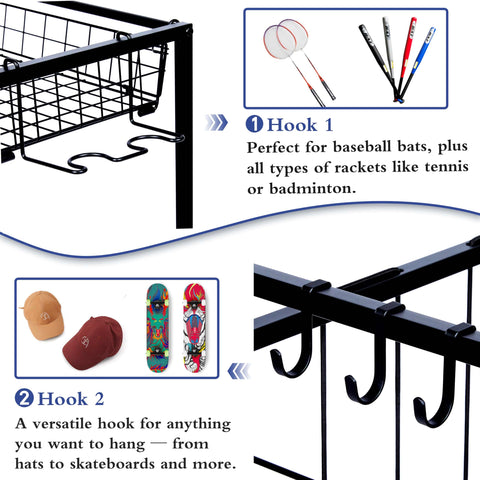 Close-up of All In One Sports Gear Organizer Cart with elastic straps and removable basket, hooks for rackets and gear storage, black.