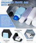 Image of gym travel duffle bag interior with waterproof wet pocket, showing toiletries, shoe compartment, and towel loop