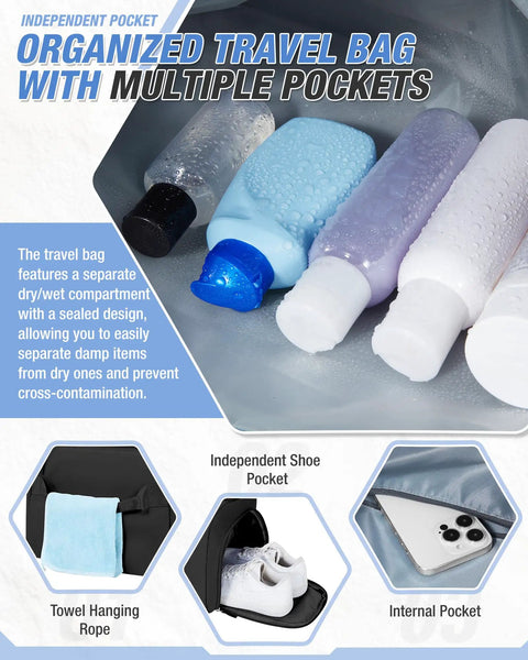 Image of gym travel duffle bag interior with waterproof wet pocket, showing toiletries, shoe compartment, and towel loop