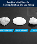 5 To 1 Marine Epoxy Resin Kit For Bonding, Coating, Filleting, And Laminating For Fiberglass, Wood, And Carbon Fiber Projects, Ideal For Boat Building, Repairs, And DIY Woodworking With Quart Slow Hardener And Pumps Included with fillers for fairing, filleting, and gap filling, featuring milled glass fiber, micro balloons, and silica.