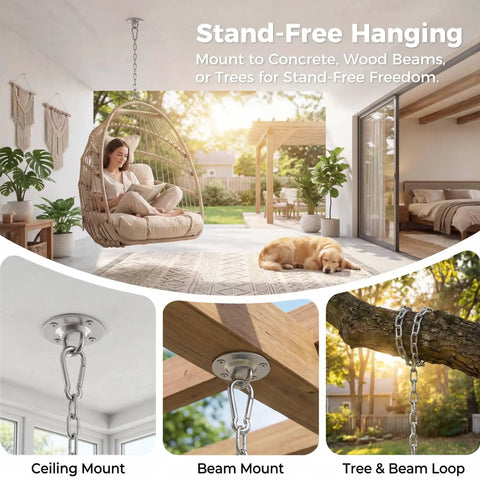 Outdoor Hanging Egg Chair Without Stand For Patio Or Balcony, Wicker Swing Egg Basket With Padded Cushion, ceiling mount shown.