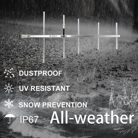 UHF Base Station Antenna 400-470MHz Five Element Yagi With 9 Dbi Gain displayed in rain, showing dustproof and IP67 all-weather features