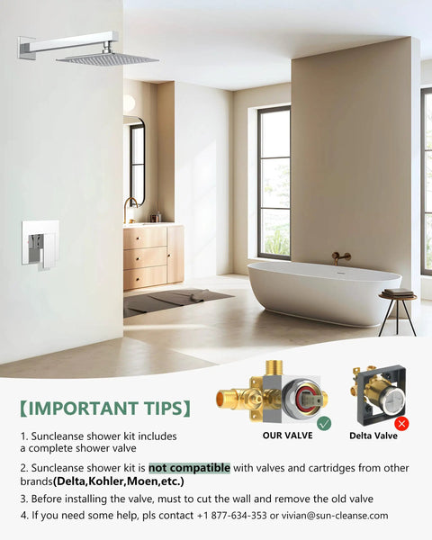 Shower Faucet Set With Valve And 8 Inch Square Shower Head Single Handle Trim Kit With Extra Long 16 Inch Shower Arm Polished Chrome Easy Installation in modern bathroom setting.