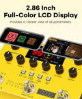Close-up of Dual Track Stereo Looper Pedal For Electric Guitar with Dual Drum Machine display and controls.