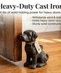 Sturdy Cast Iron Dog Door Stopper With Handle For Easy Moving next to wooden door, heavy duty decor and door stop, 4 lbs.