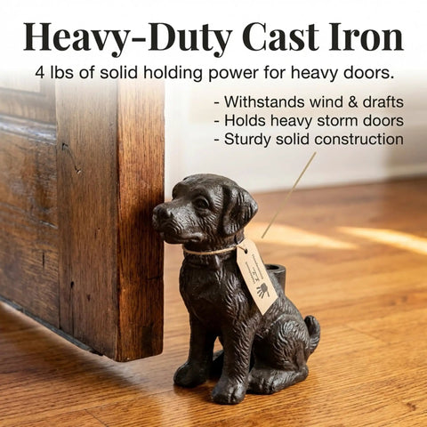 Sturdy Cast Iron Dog Door Stopper With Handle For Easy Moving next to wooden door, heavy duty decor and door stop, 4 lbs.
