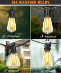 60Ft Solar String Lights Outdoor Waterproof With Remote Dimming Shatterproof ST38 in various weather conditions: sun, rain, wind, snow.