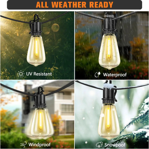 60Ft Solar String Lights Outdoor Waterproof With Remote Dimming Shatterproof ST38 in various weather conditions: sun, rain, wind, snow.