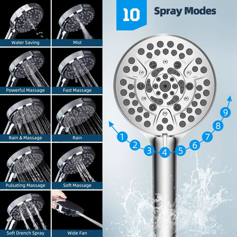 All Metal CUPC Certified 8 Inch Rainfall Shower Head and Handheld Combo With 10 Spray Settings displayed on a blue background