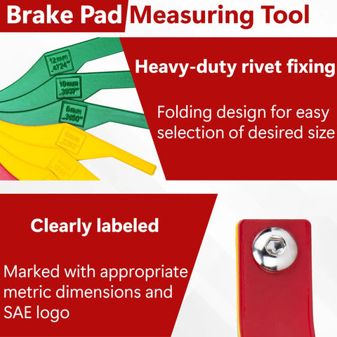 8 Piece Brake Pad Thickness Gauges Set With Color Coded Scale, Metric And SAE Sizes, folding design with rivet fixing.