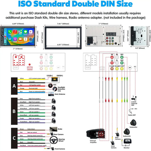 Diagram showing installation and wiring for 7 Inch HD Touchscreen Car Stereo with Voice Control, Apple CarPlay, and Android Auto.