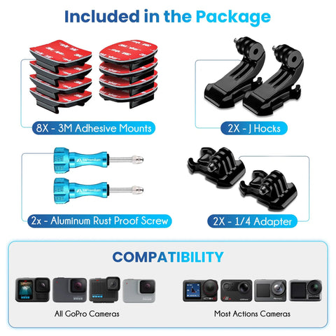 Helmet Mount Adhesive Pads For Action Cameras With Curved And Flat Mounts kit with 3M adhesives, J hooks, screws, adapters