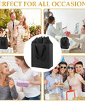 Collage of black gift bags with handles and tissue paper set, 8 by 5 by 10 inches, for weddings, parties, and celebrations.