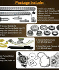 Chevy 2.4L Ecotec Timing Chain Kit With Water Pump, Oil Pump And VCT Gear For Equinox, Malibu, Cobalt, Regal, GMC Terrain 2.4L L4 Replacement 9-4201S 12680750 components display with timing chain, gears, and pumps in package