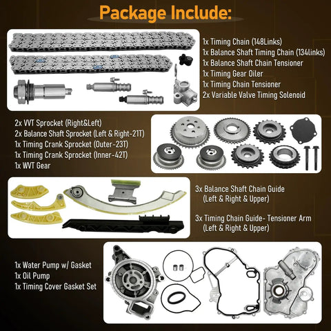 Chevy 2.4L Ecotec Timing Chain Kit With Water Pump, Oil Pump And VCT Gear For Equinox, Malibu, Cobalt, Regal, GMC Terrain 2.4L L4 Replacement 9-4201S 12680750 components display with timing chain, gears, and pumps in package