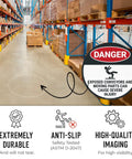 Warning Floor Decal For Machinery Areas Danger Exposed Conveyors And Moving Parts Can Cause Severe Injury shown in warehouse aisle