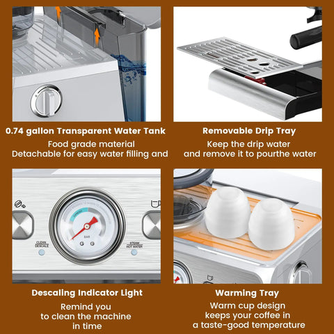 Top Shelf Espresso Machine With Built In Grinder And Creamy Milk Frother, Stainless Steel Coffee Maker For Dope Morning Shots, Semi Automatic Home Barista Setup With Quick Dump Tank showing water tank, drip tray, indicator light, and warming tray.