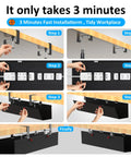 Installation steps of under desk cable management tray with fabric wire organizer clamp or screw mount hidden cord raceway.