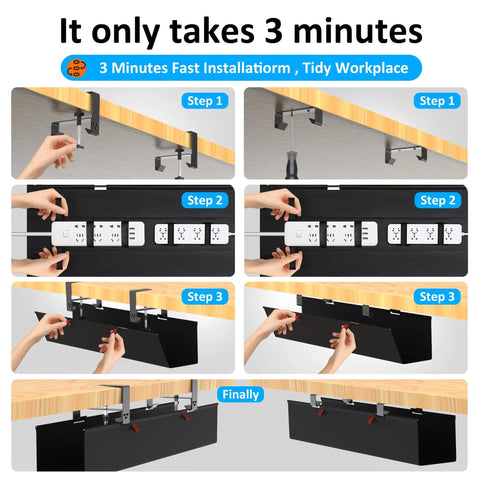 Installation steps of under desk cable management tray with fabric wire organizer clamp or screw mount hidden cord raceway.