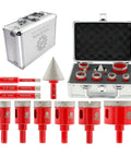 Front view: FOCSTOL Diamond Core Drill Bits Set, 10 pcs, red bits with bevel bit in metal case for tile and stone