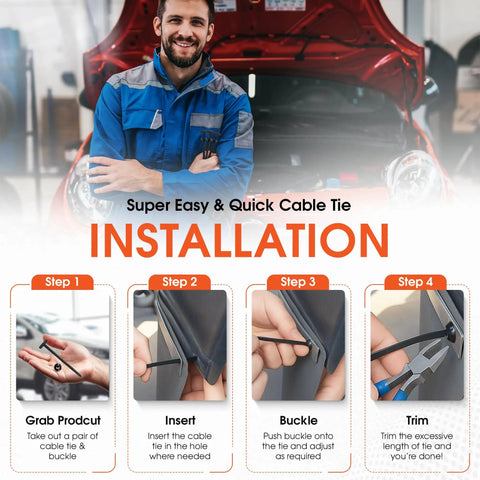 Heavy Duty Nylon Cable Tie Buckles Set For Cars installation guide with steps and mechanic standing in workshop