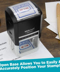 Super Large Rolling Date Self Inking Stamp With Receive Alert And Custom Line Dual Blue Red Ink Desk Essential Works Like A Champ Built Tough For Heavy Everyday Use Totally Hassle Free on office desk with documents.