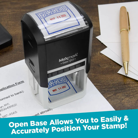 Super Large Rolling Date Self Inking Stamp With Receive Alert And Custom Line Dual Blue Red Ink Desk Essential Works Like A Champ Built Tough For Heavy Everyday Use Totally Hassle Free on office desk with documents.
