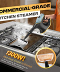 Hot Handheld Steam Cleaner 1300W Fast Heatup In 10 Sec Multi Purpose Steam Clean For Home Car Grout Tile Kitchen Couch Black Lightweight Portable Deep Cleaning Wand With Accessory Kit Powerful High Pressure Steam Gun being used to clean a kitchen stove.