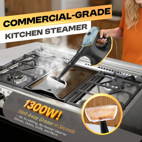 Hot Handheld Steam Cleaner 1300W Fast Heatup In 10 Sec Multi Purpose Steam Clean For Home Car Grout Tile Kitchen Couch Black Lightweight Portable Deep Cleaning Wand With Accessory Kit Powerful High Pressure Steam Gun being used to clean a kitchen stove.