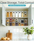 Stackable Airtight Food Storage Containers With Lids, 24-Piece Plastic Canister Set organized in open kitchen cabinet