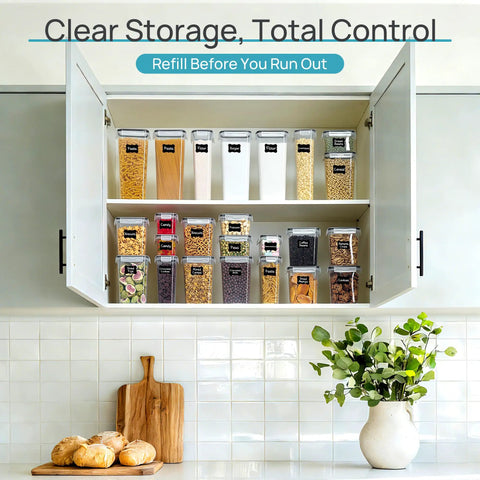 Stackable Airtight Food Storage Containers With Lids, 24-Piece Plastic Canister Set organized in open kitchen cabinet