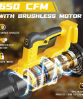 Illustration of Cordless Leaf Blower For DeWalt 20V Max Batteries With 650 CFM Brushless Motor with turbocharger and lock mode