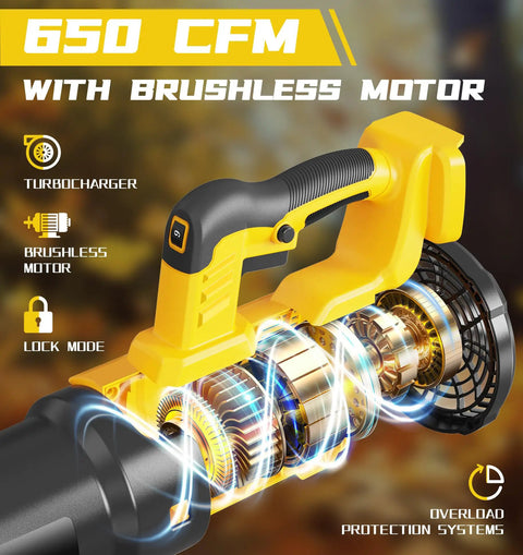 Illustration of Cordless Leaf Blower For DeWalt 20V Max Batteries With 650 CFM Brushless Motor with turbocharger and lock mode