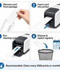 Steps to use Heavy Duty Adhesive Cleaning Cards For Id Card Printers Cr80 Roller Maintenance; includes printer insertion and cleaning cycle.