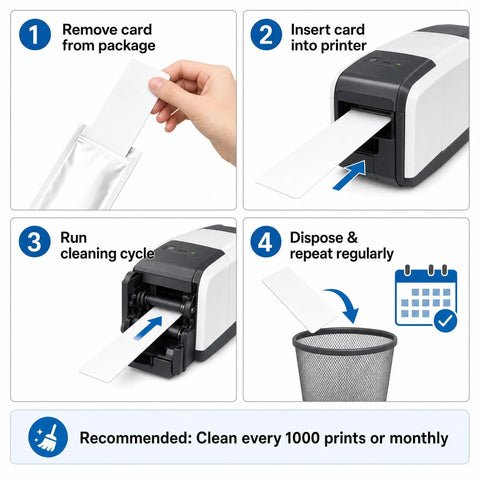 Steps to use Heavy Duty Adhesive Cleaning Cards For Id Card Printers Cr80 Roller Maintenance; includes printer insertion and cleaning cycle.