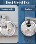 Image of Keyed Alike Disc Padlocks Set, Beefy Stainless Steel Locks With Shared Key securing storage unit and trailer.