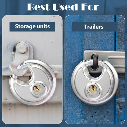 Image of Keyed Alike Disc Padlocks Set, Beefy Stainless Steel Locks With Shared Key securing storage unit and trailer.