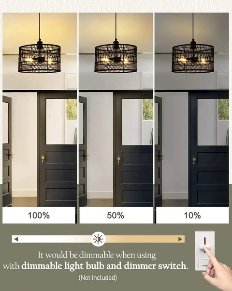 Black Rattan Pendant Lights Drum Chandelier Dope Wicker Light Fixtures Ceiling Hanging Boho Bamboo Pendant Lamp dimming options.