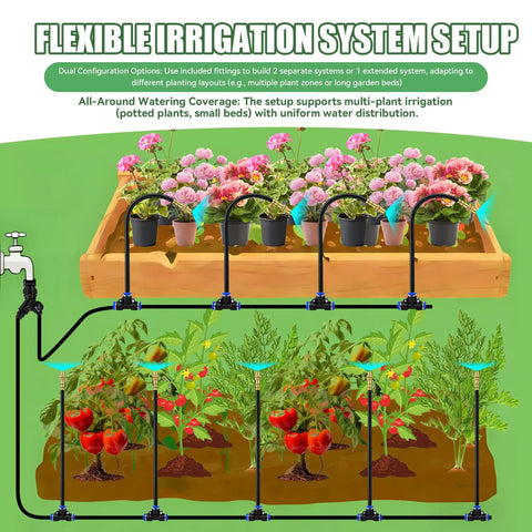100Ft Drip Irrigation Kit For Garden With 360 Degree Adjustable Sprinklers And DIY Yard Watering System setup diagram