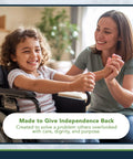 Child in wheelchair smiling with adult providing support, highlighting care and independence in everyday life settings.