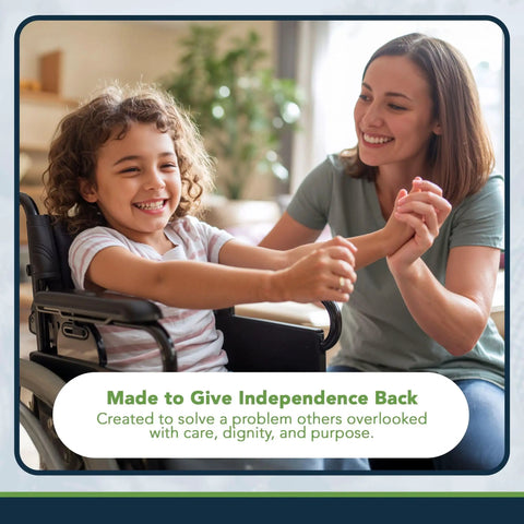 Child in wheelchair smiling with adult providing support, highlighting care and independence in everyday life settings.